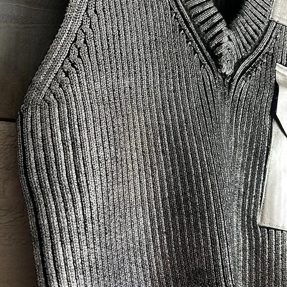 Zoey W. Los Angeles Metallic Knit V Neck Patch Vest Grey Silver - Picture 5 of 12